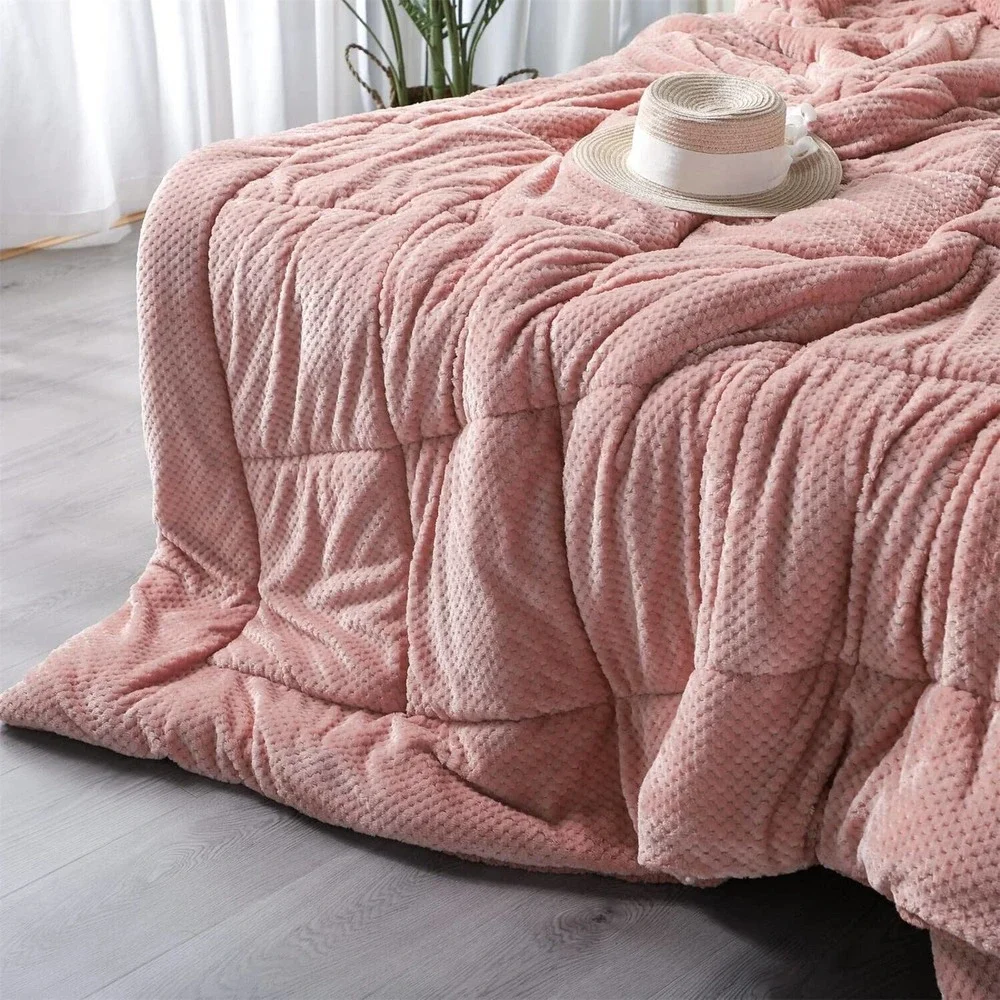 Luxurious Flannel Fleece Comforter w/ Plush Sherpa Back- Queen Size 90X90” Rose